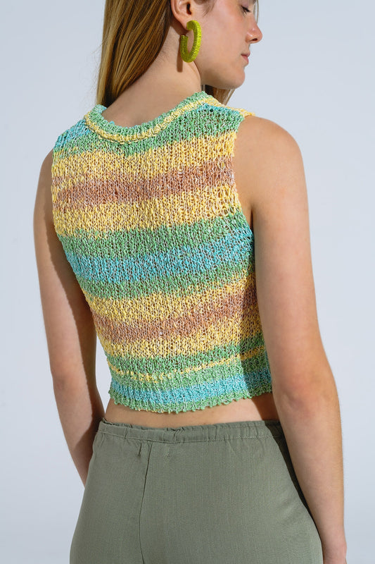 Knitted Multicolor Sleeveless Sweater With Stripes and Crew Neckline - Jumpers