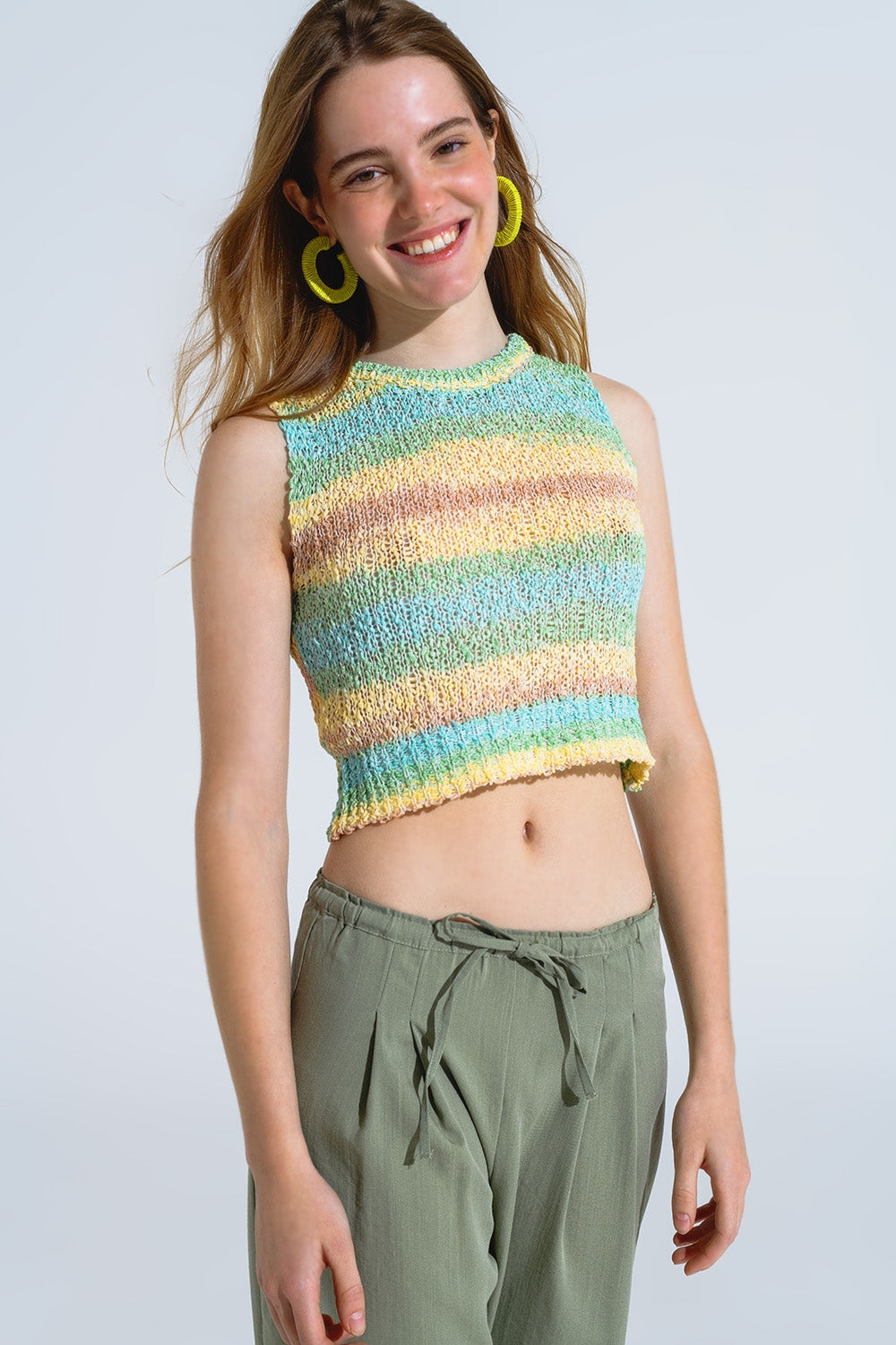 Knitted Multicolor Sleeveless Sweater With Stripes and Crew Neckline - Jumpers
