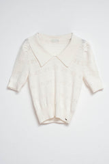 Knitted pointelle polo neck jumper in cream