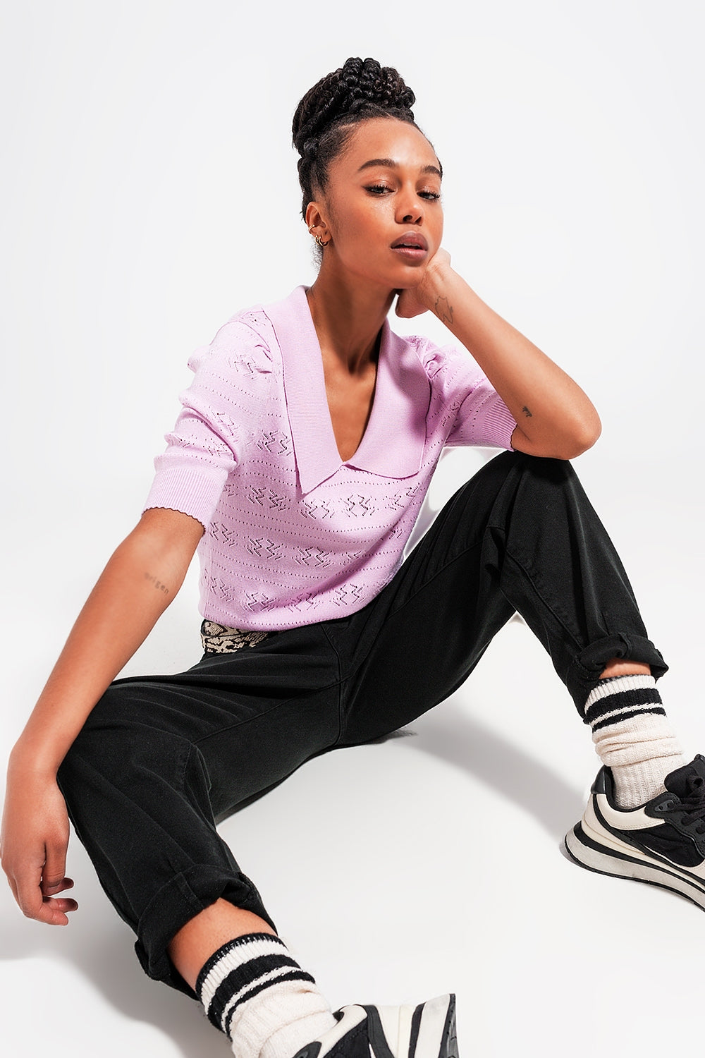 Knitted pointelle polo neck jumper in pink - Polos