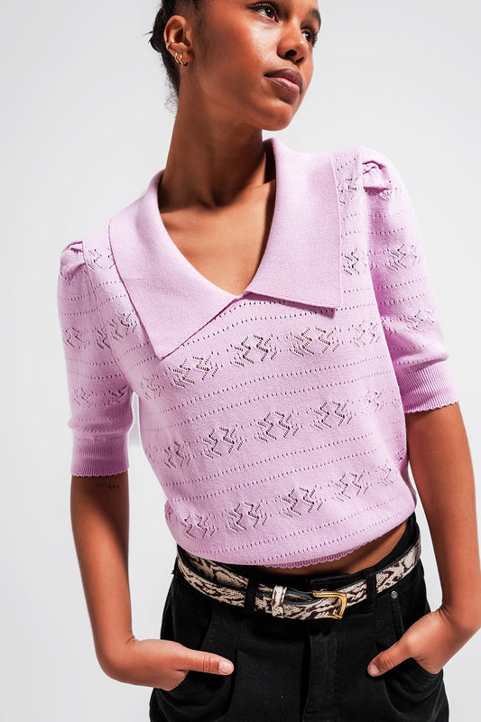 Knitted pointelle polo neck jumper in pink - Polos