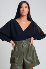 Knitted sweater with wrapped V-neck in black