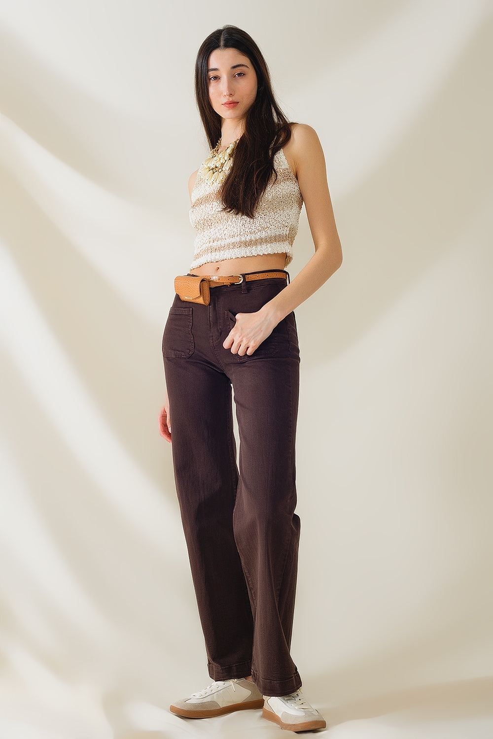 Knitted Tints of Beige Sleeveless Sweater With Stripes and Crew Neckline - Jumpers