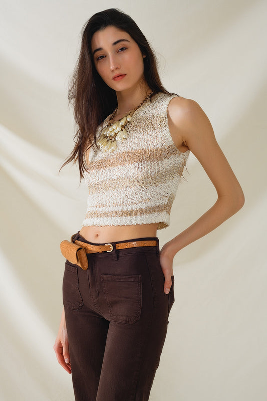 Knitted Tints of Beige Sleeveless Sweater With Stripes and Crew Neckline - Jumpers