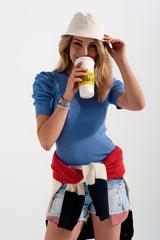 Knitted top with balloon sleeves in blue