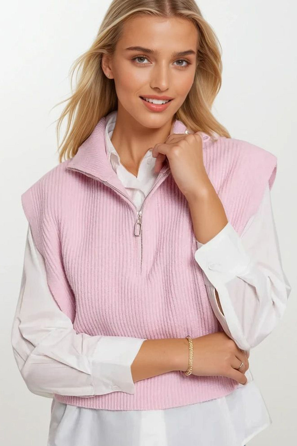 Knitted Vest with High Half-Zip Collar and Large Armholes in pink - Jumpers