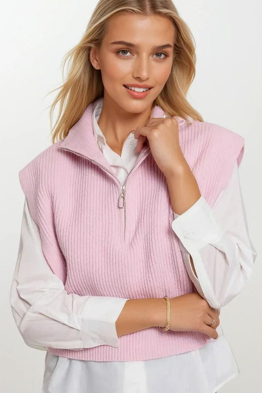 Knitted Vest with High Half-Zip Collar and Large Armholes in pink - Jumpers