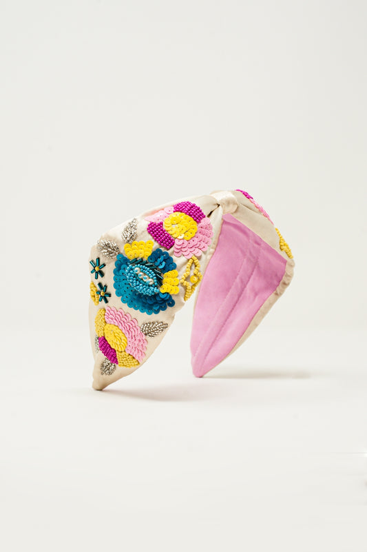 Knotted headband with embellished flowers in cream - Headbands