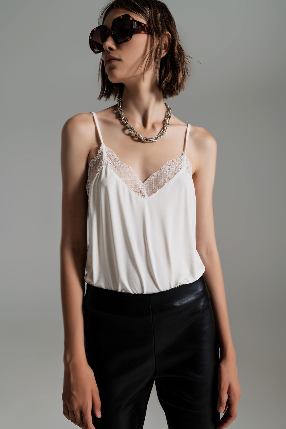 Lace detail cami top in cream - Tops