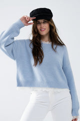 Lace Detail Relaxed Baby Blue Sweater