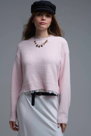 Lace Detail Relaxed Pink Sweater