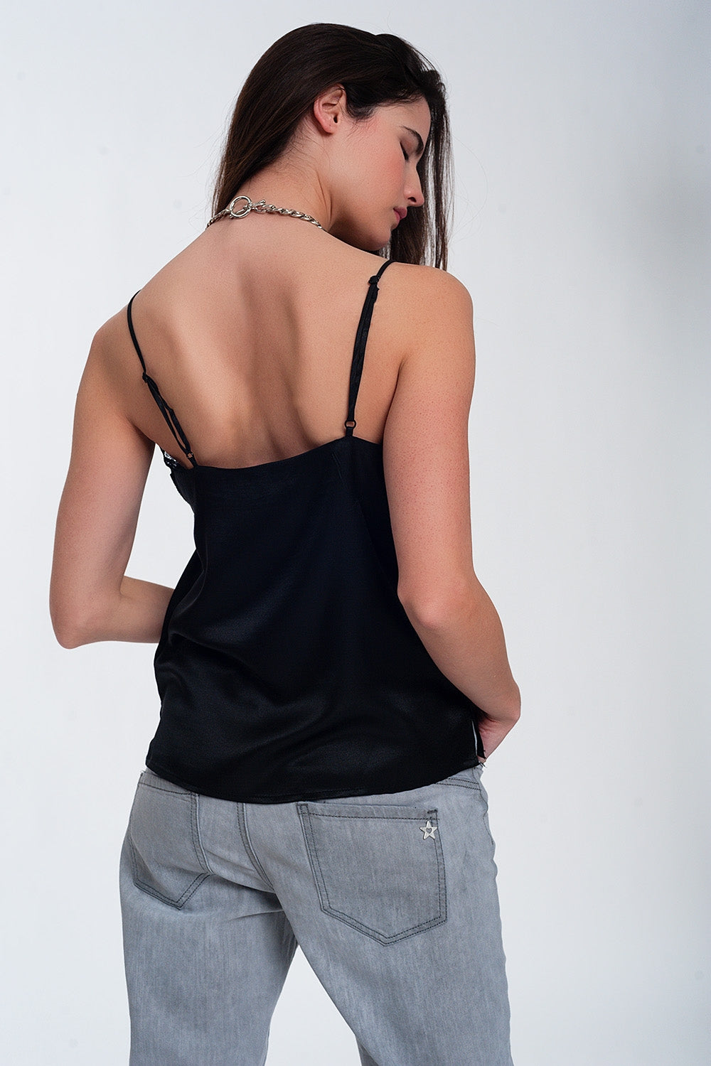 Lace insert satin cami top in black - Tops
