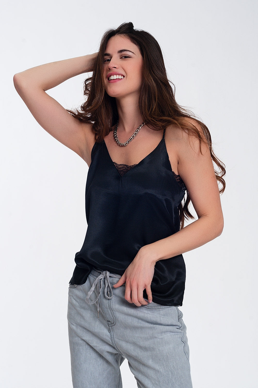 Lace insert satin cami top in black - Tops