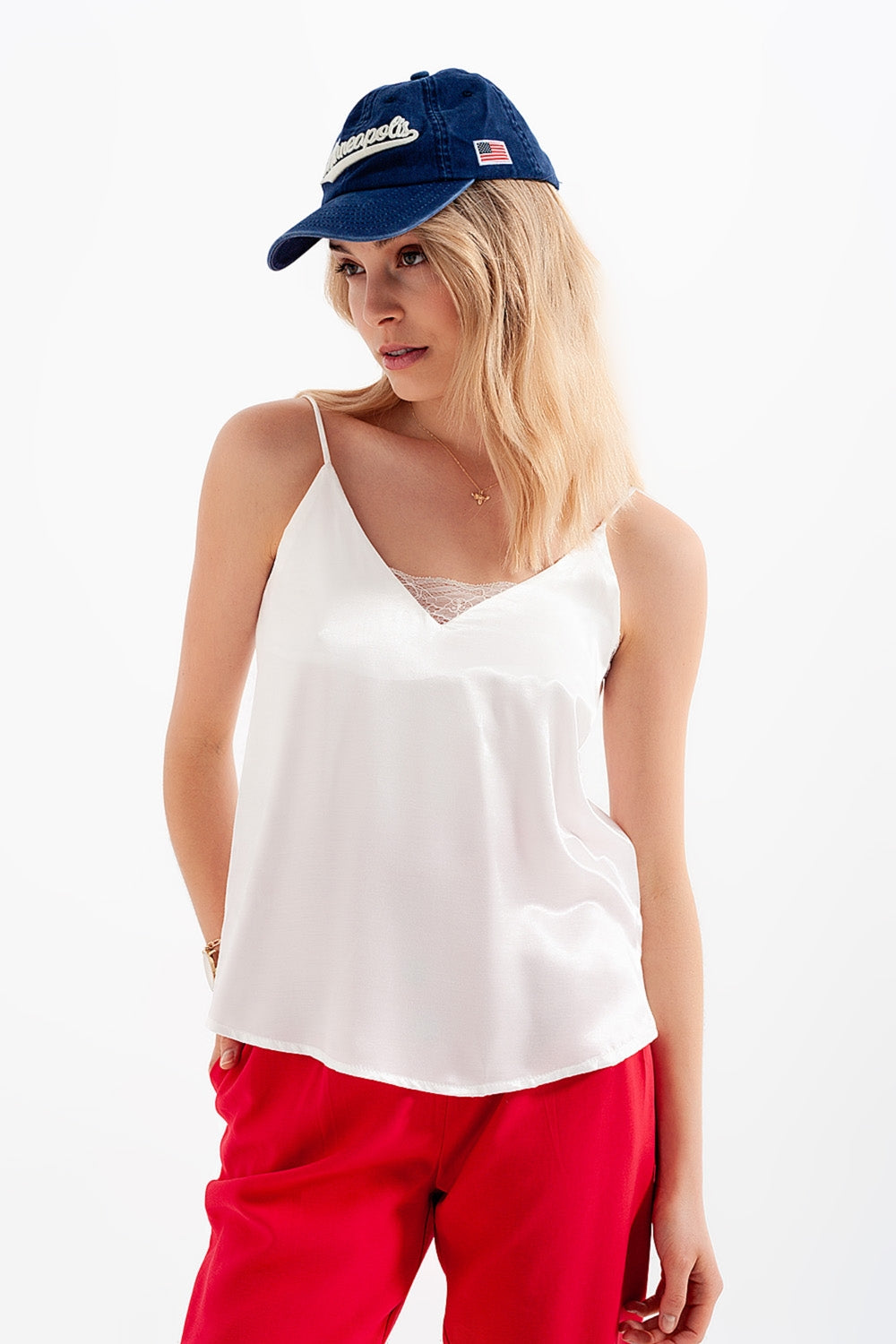 Lace insert satin cami top in white - Tops