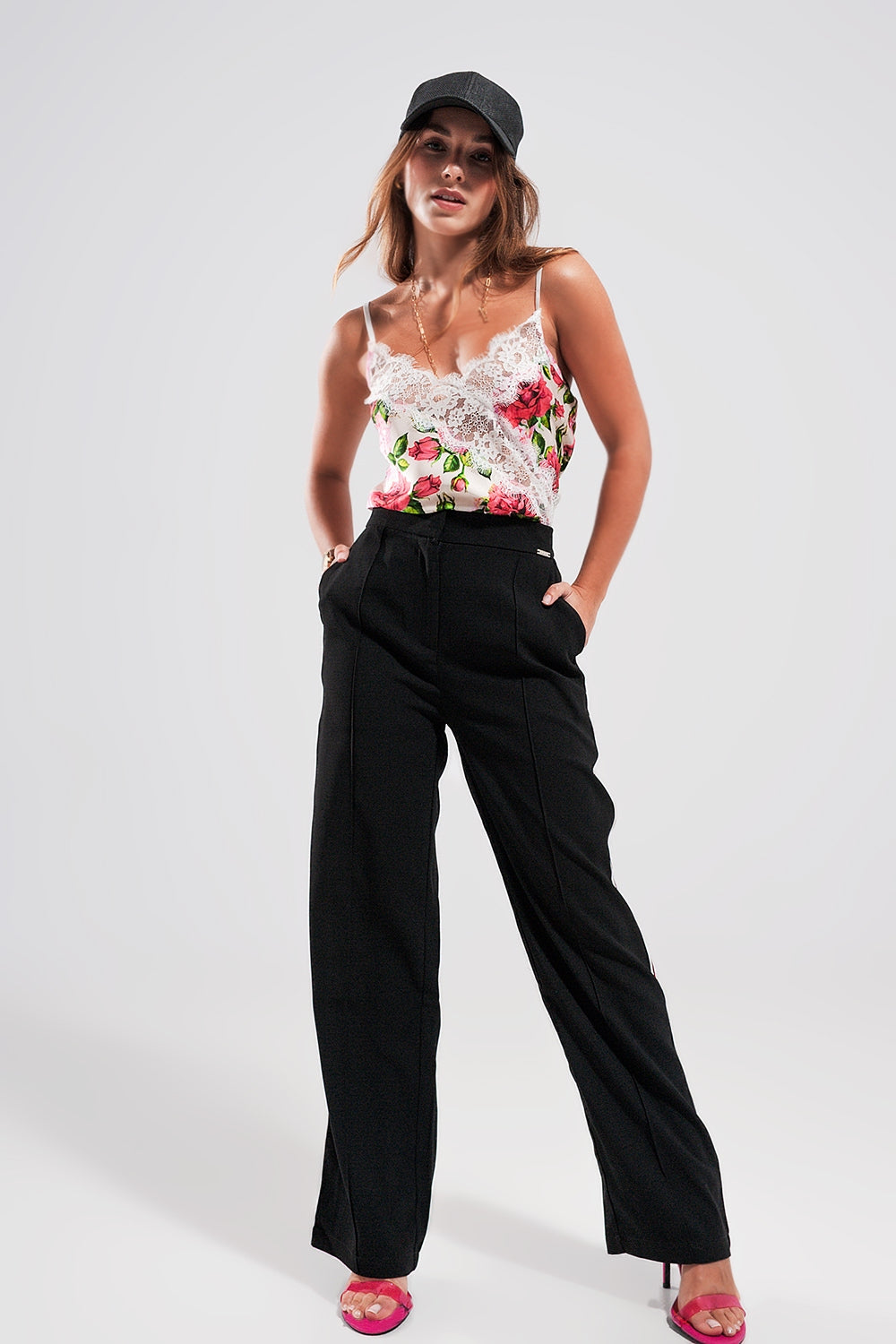 Lace trim satin cami in rose print - Cami Tops