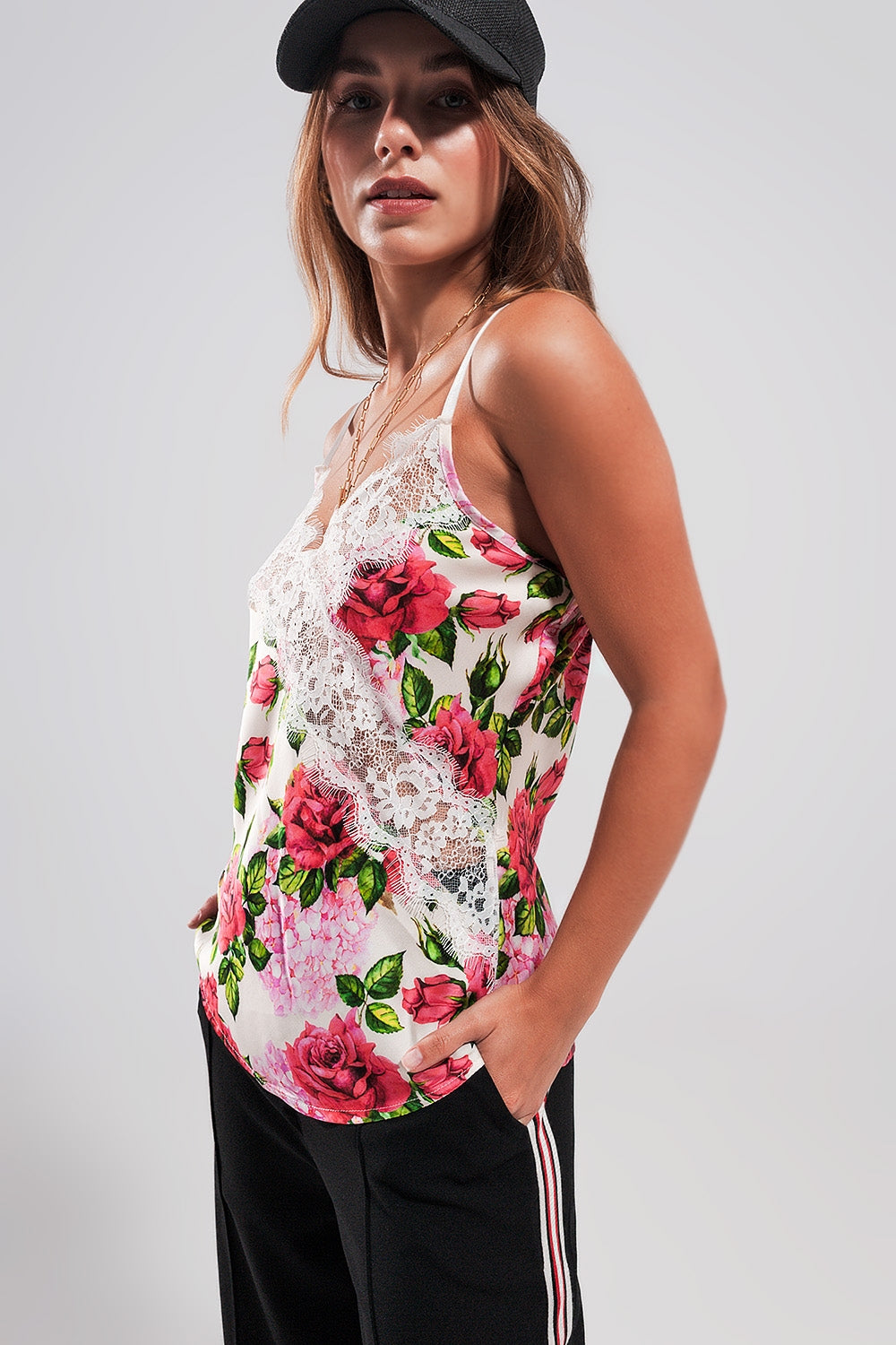Lace trim satin cami in rose print - Cami Tops