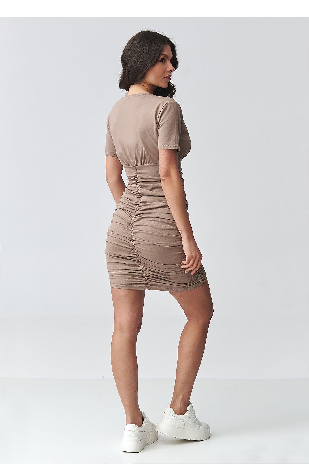 Makadamia ladies day dress in beige with a ruched design and short sleeves, perfect for casual outings