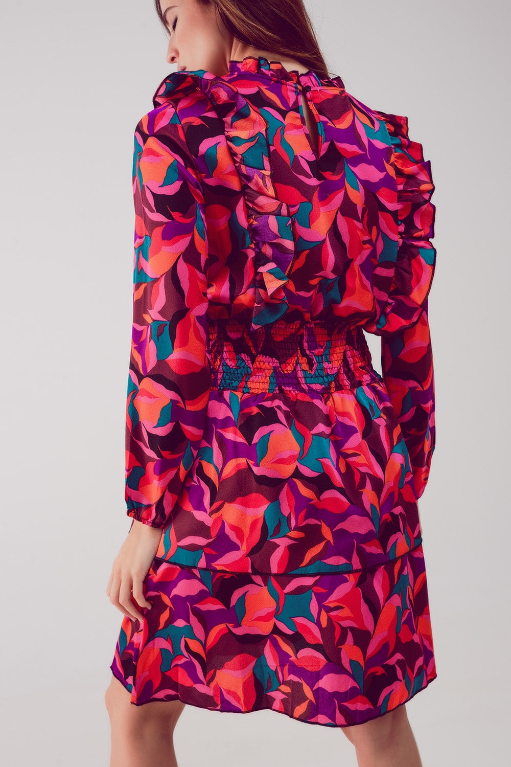 Layered frill mini dress in fucshia floral - Dresses
