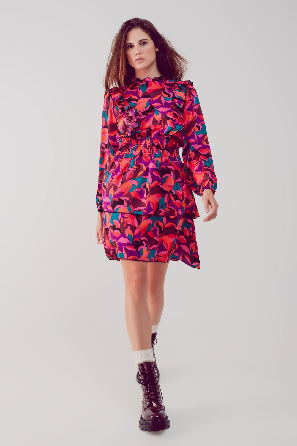 Layered frill mini dress in fucshia floral - Dresses