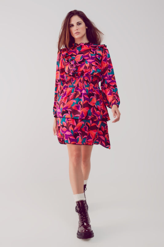 Layered frill mini dress in fucshia floral - Dresses