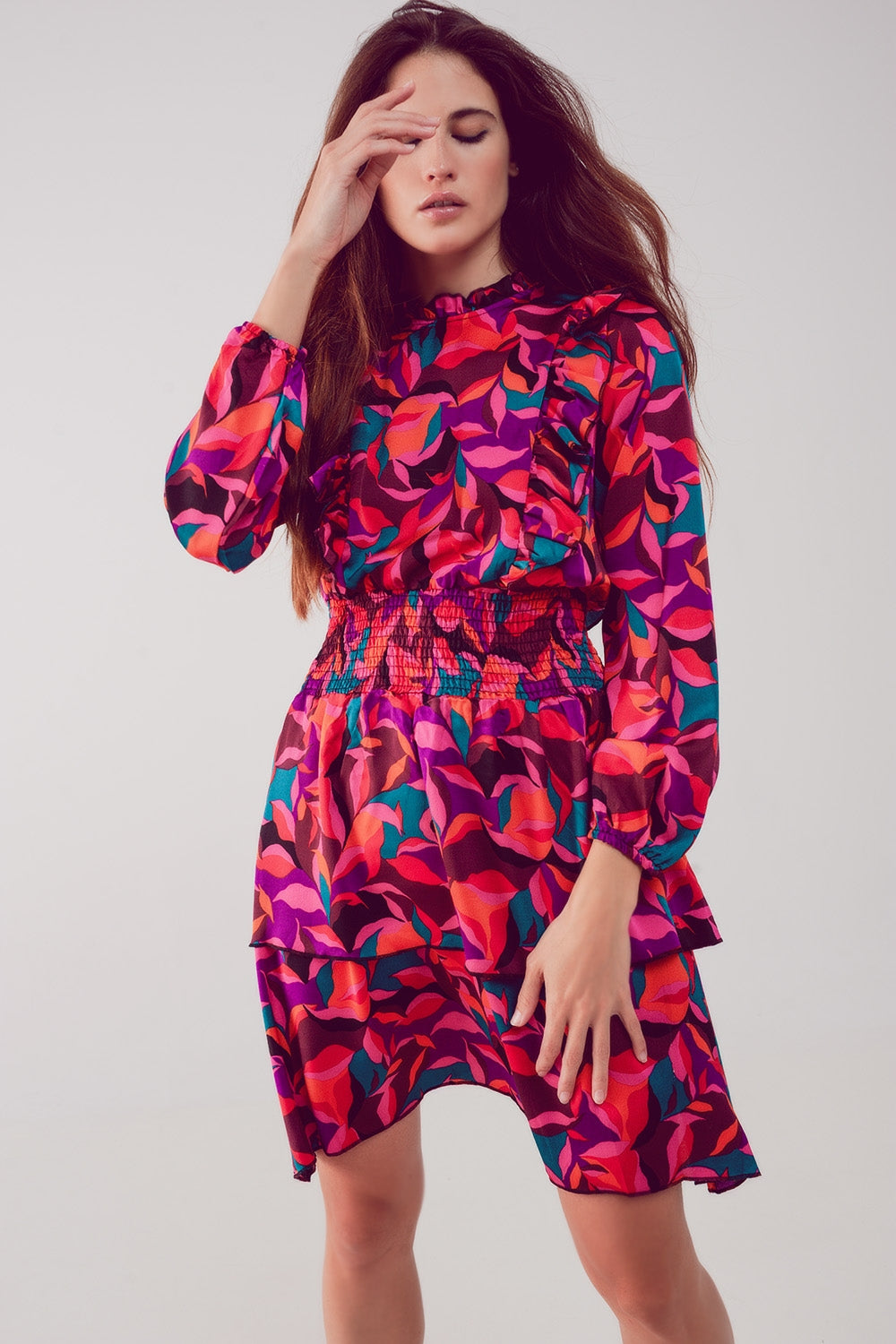 Layered frill mini dress in fucshia floral - Dresses