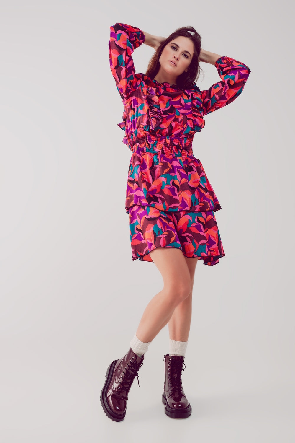Layered frill mini dress in fucshia floral - Dresses