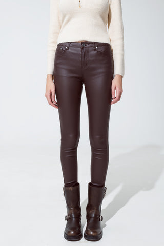 leatherette effect super skinny pants in dark brown