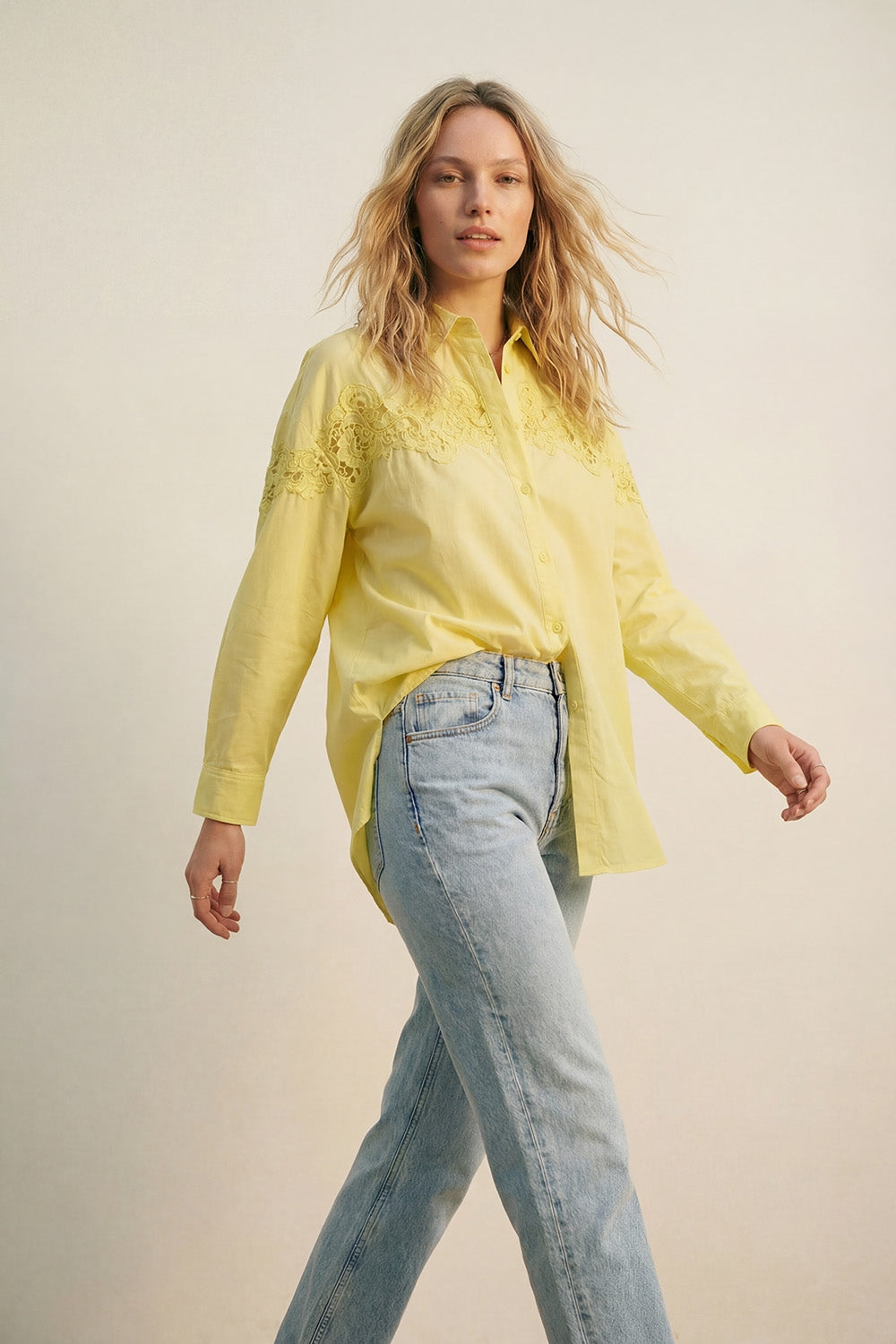 Yellow Oversized Poplin Shirt with Lace Detail - Shirts