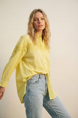 Yellow Oversized Poplin Shirt with Lace Detail