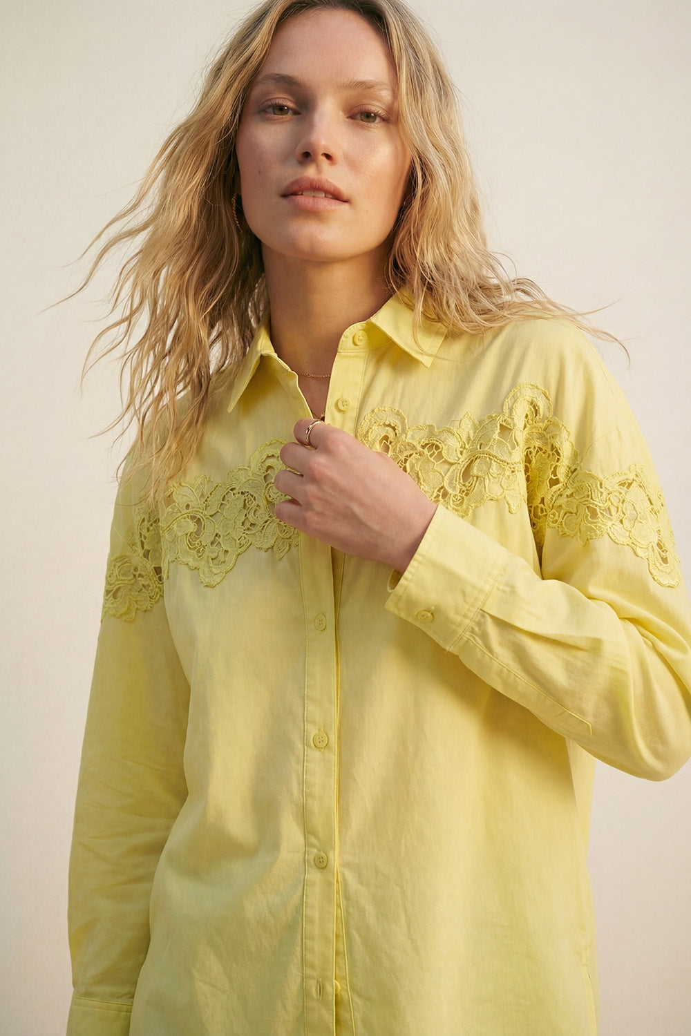 Yellow Oversized Poplin Shirt with Lace Detail - Shirts