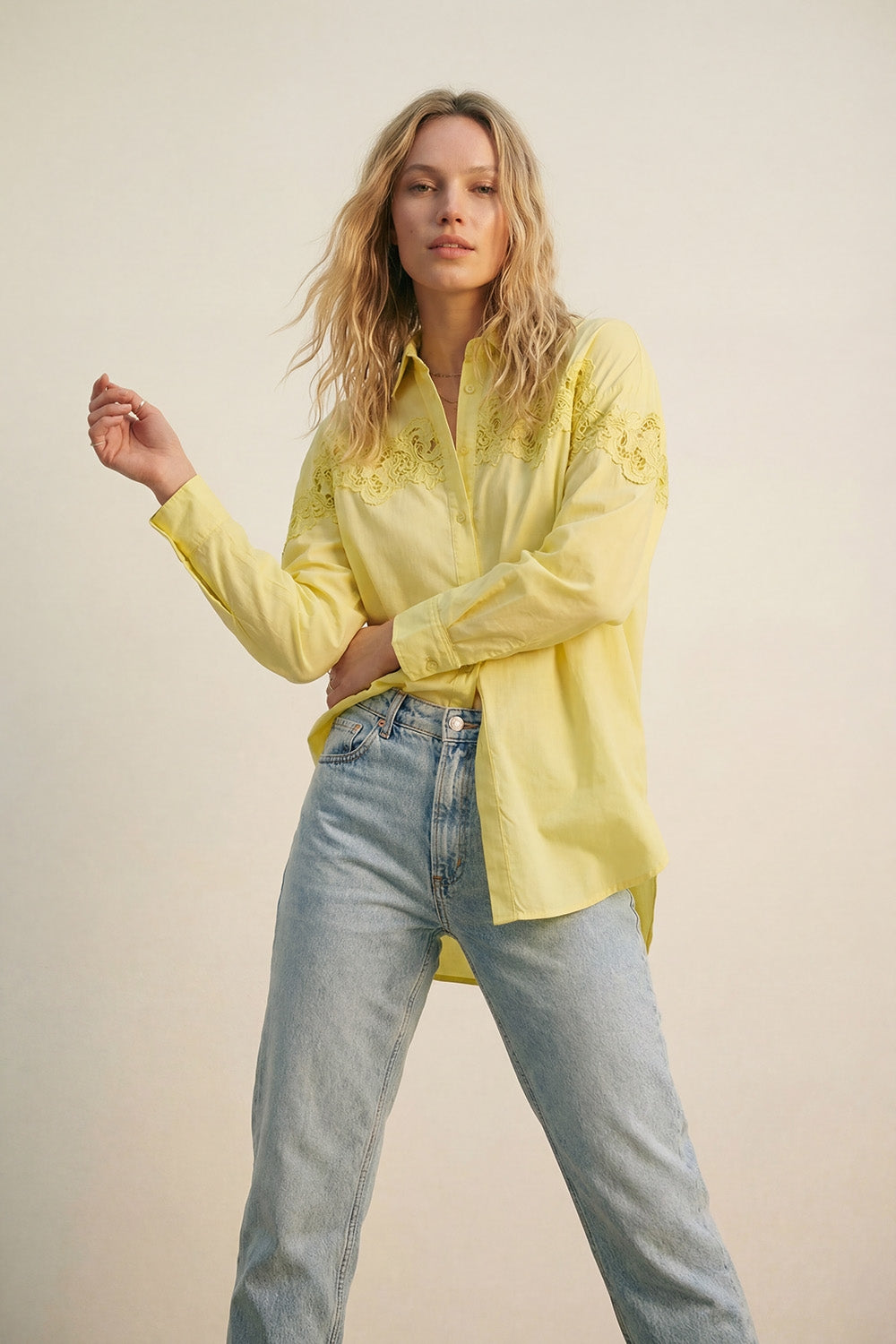 Yellow Oversized Poplin Shirt with Lace Detail - Shirts
