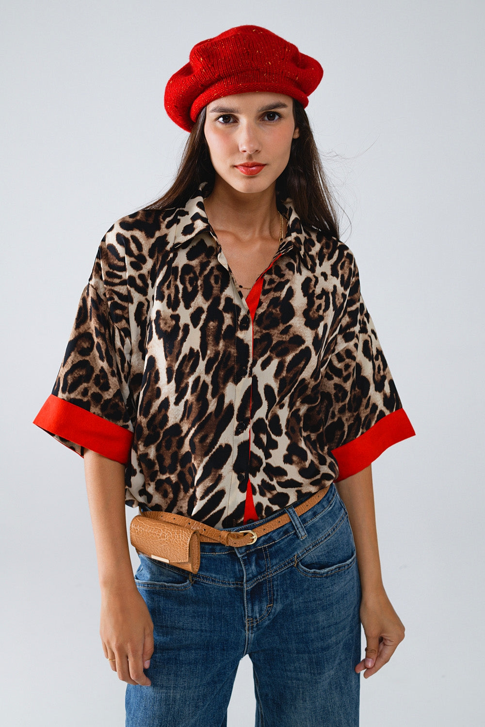 Leopard 3/4 Sleeves Shirt WIth Red Details - Shirts