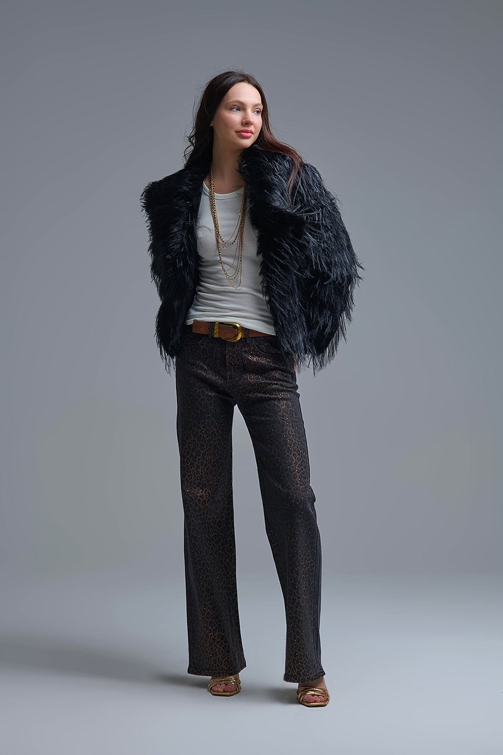 Leopard Print Black Straight-Leg Jeans with strass detail - Jeans