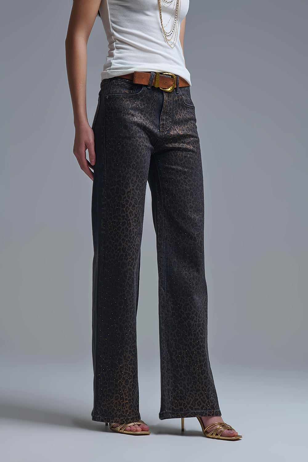 Leopard Print Black Straight-Leg Jeans with strass detail - Jeans