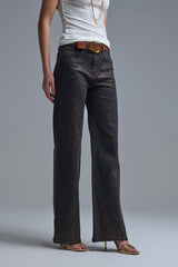 Leopard Print Black Straight-Leg Jeans with strass detail