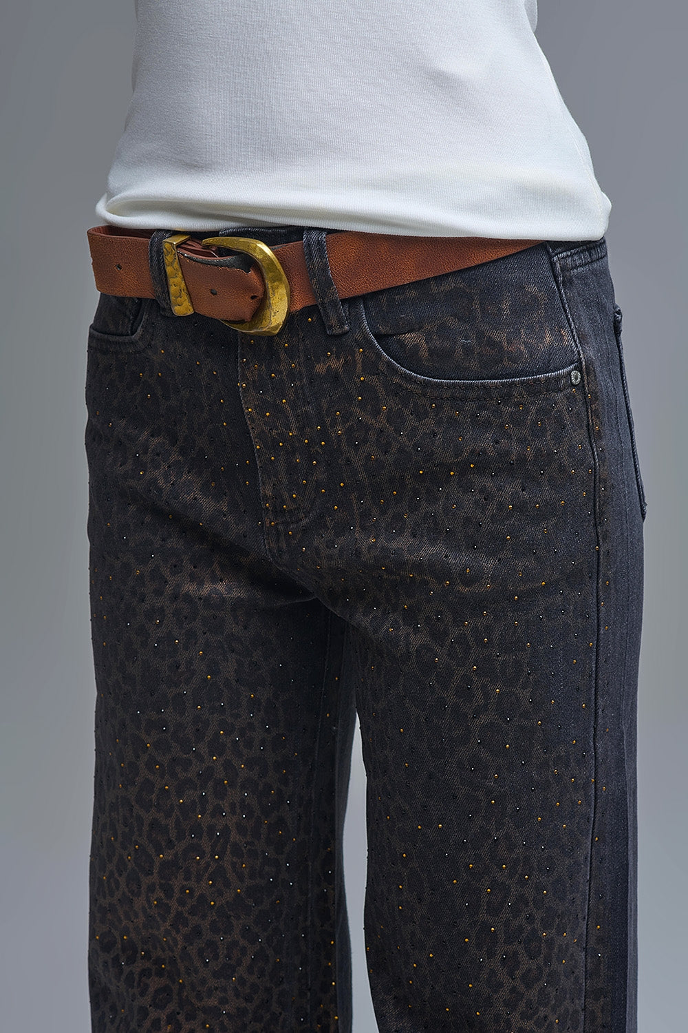 Leopard Print Black Straight-Leg Jeans with strass detail - Jeans