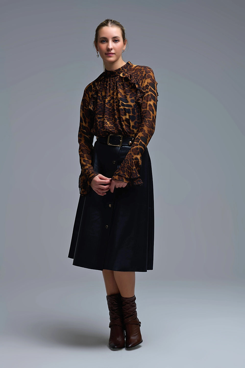 Leopard Print Blouse with Ruffle Details in chiffon - Shirts