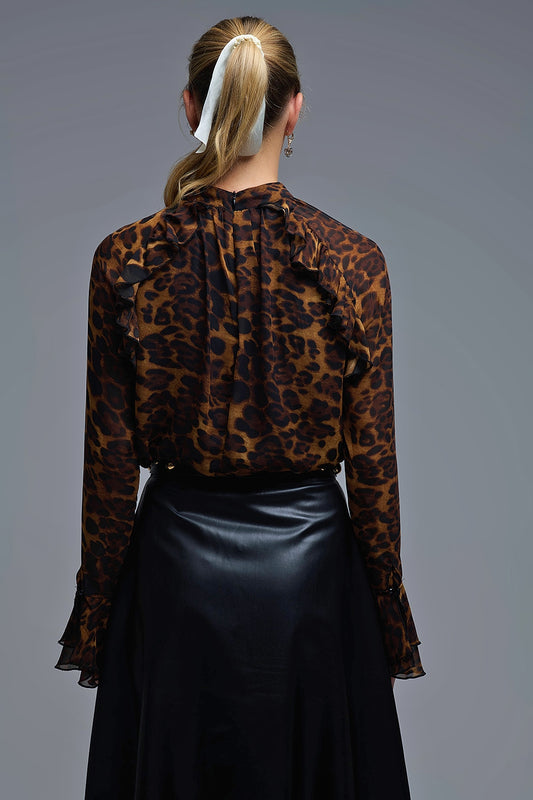 Leopard Print Blouse with Ruffle Details in chiffon - Shirts