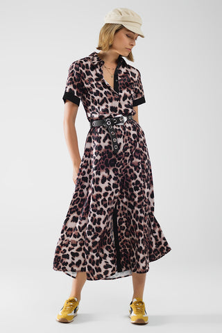 Leopard print buttoned maxi dress with satin detail