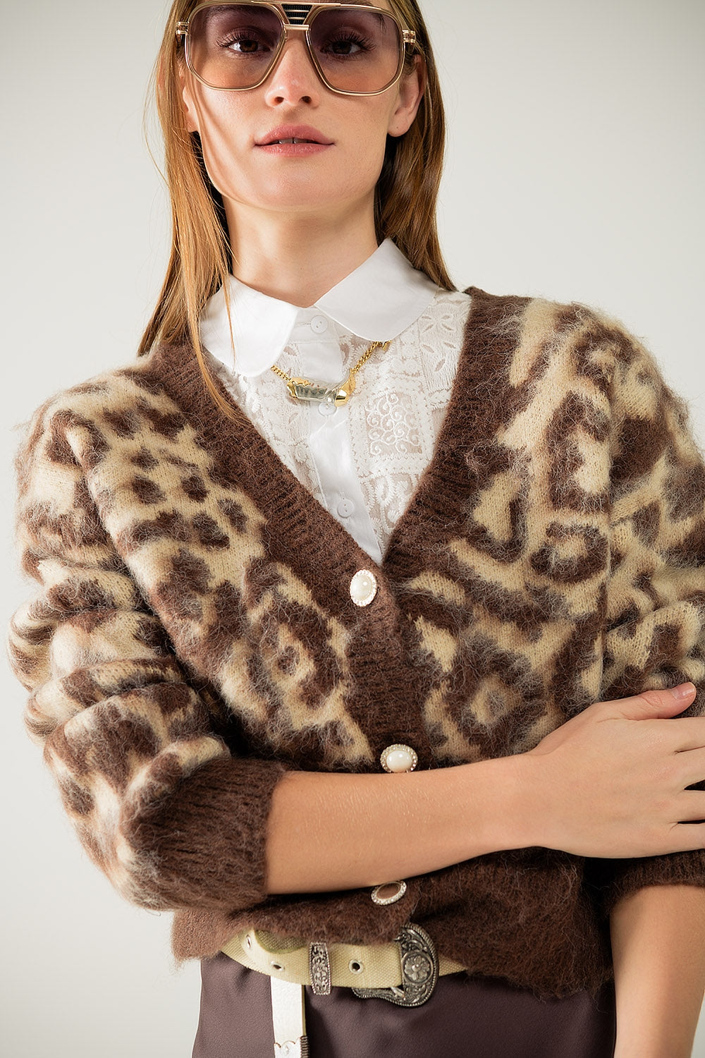 leopard print cardigan with wool in beige - Cardigans