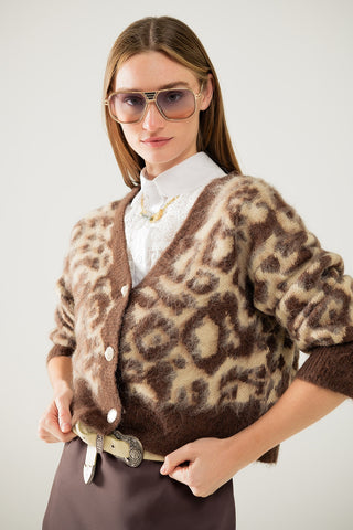 leopard print cardigan with wool in beige