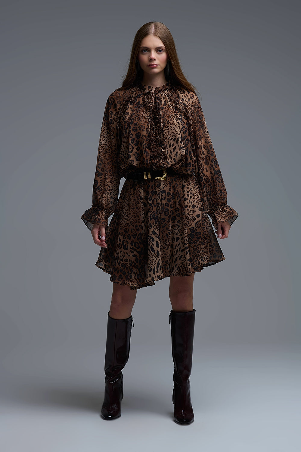 Leopard Print Chiffon Mini Dress with ruffle details - Dresses