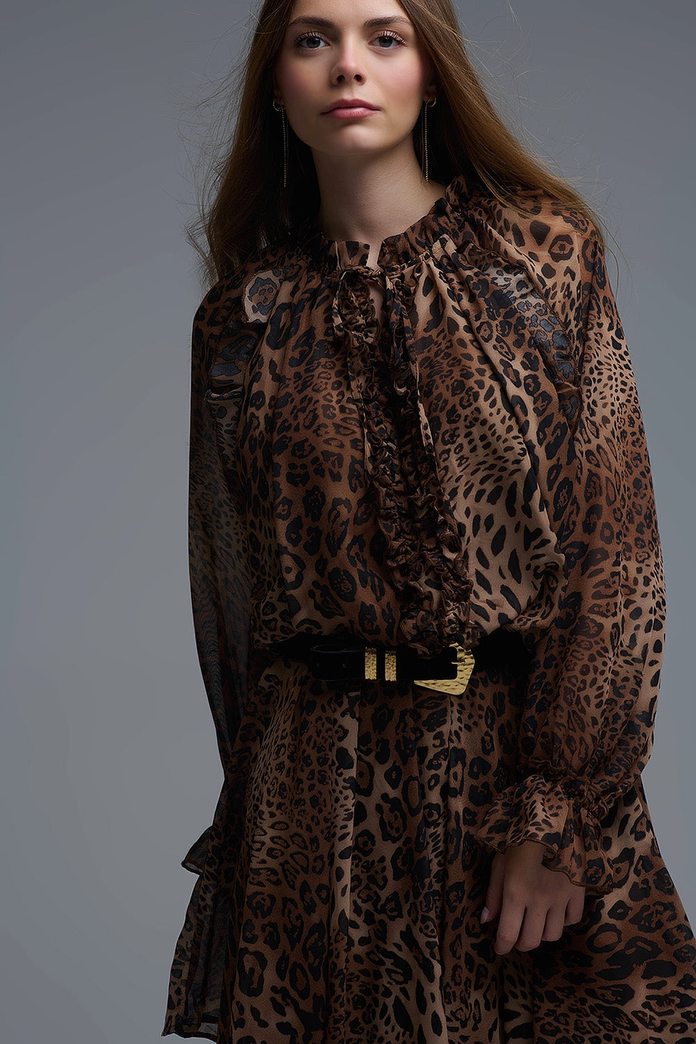 Leopard Print Chiffon Mini Dress with ruffle details - Dresses