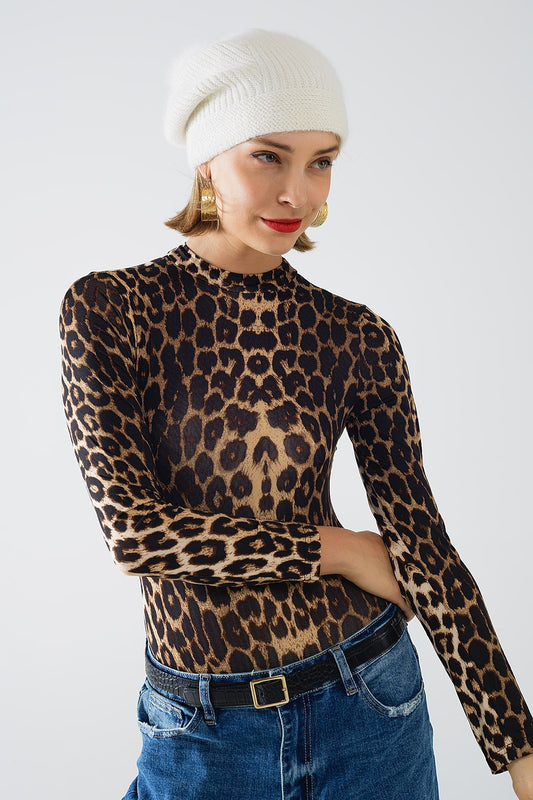 Leopard print Spandex body with long sleeve - Bodysuits