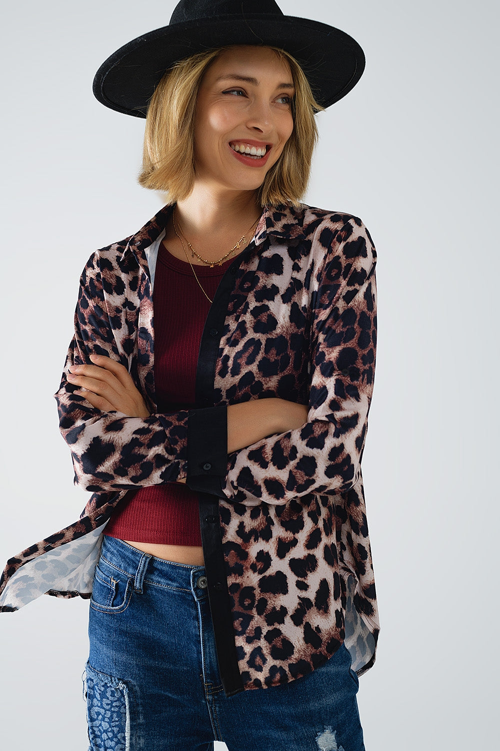 leopard shirt with black satin detail - Shirts
