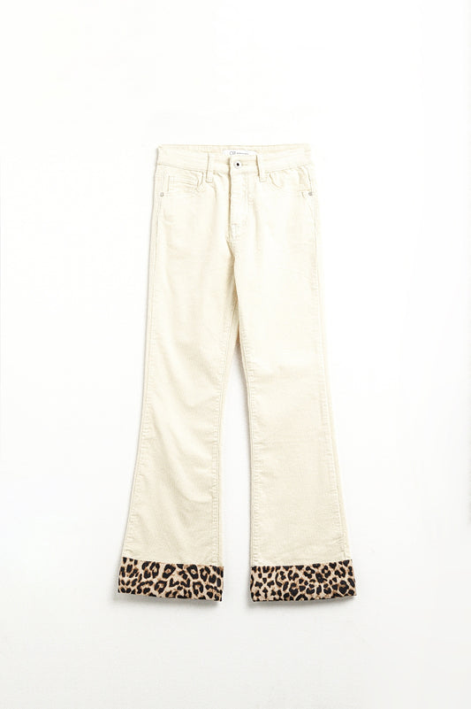 Light Beige Corduroy flare pants with leopard print at the bottom - Trousers