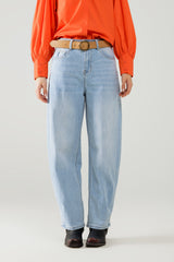 Jean taille haute en denim bleu clair à effet bulle