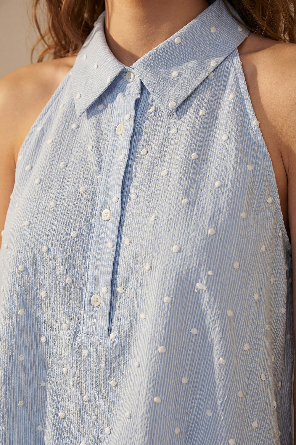 Light Blue Embroidered polka dot Blouse with buttons - Tops