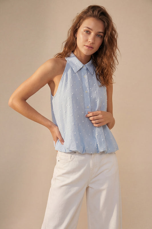 Light Blue Embroidered polka dot Blouse with buttons - Tops