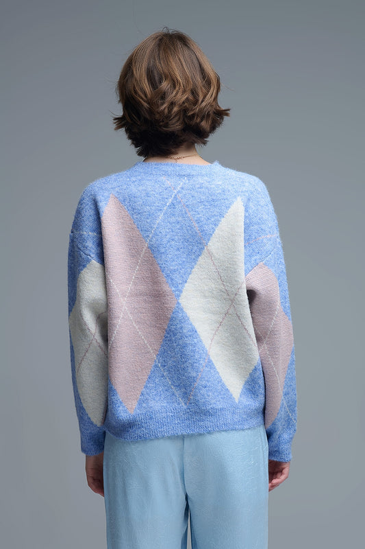 Light Blue Geometric Pattern Pullover Sweater - Sweaters